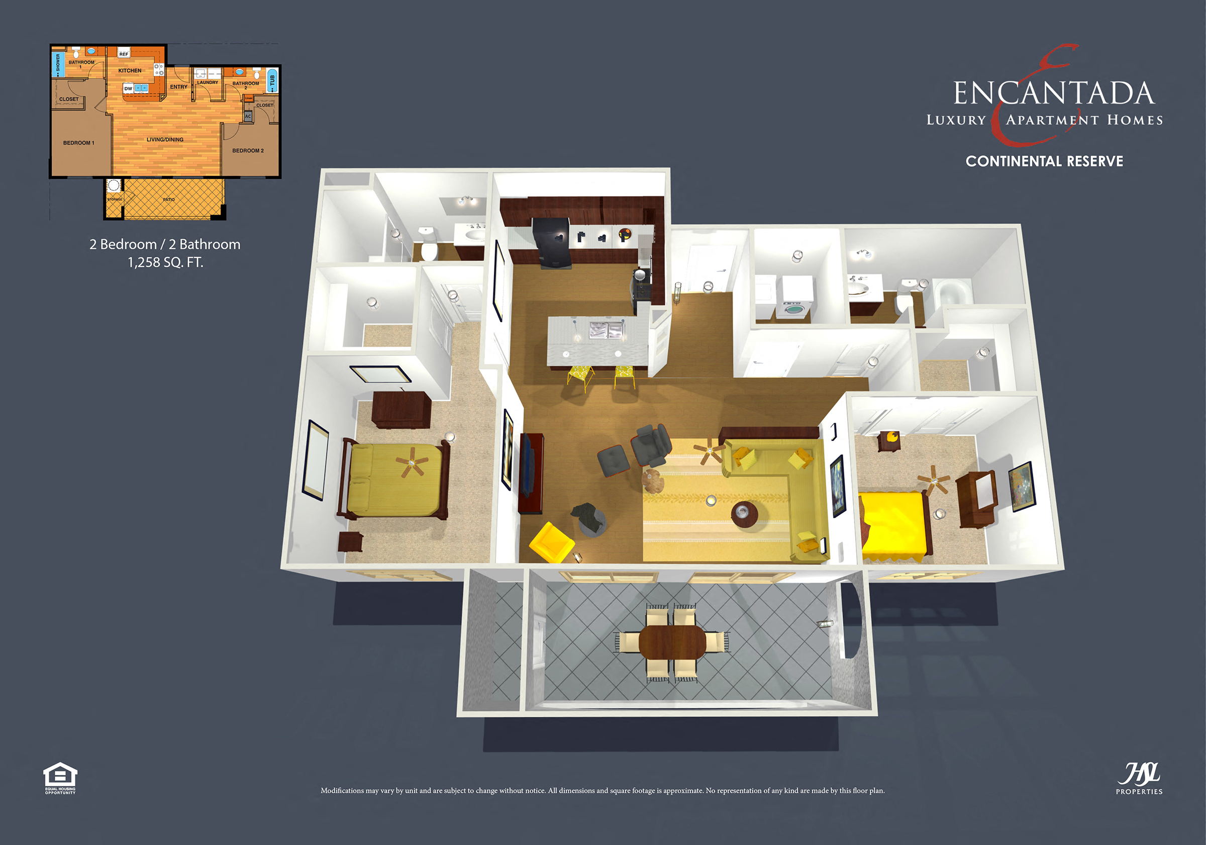 Floor plan for 2 beds, 2 baths, 1258 sqft